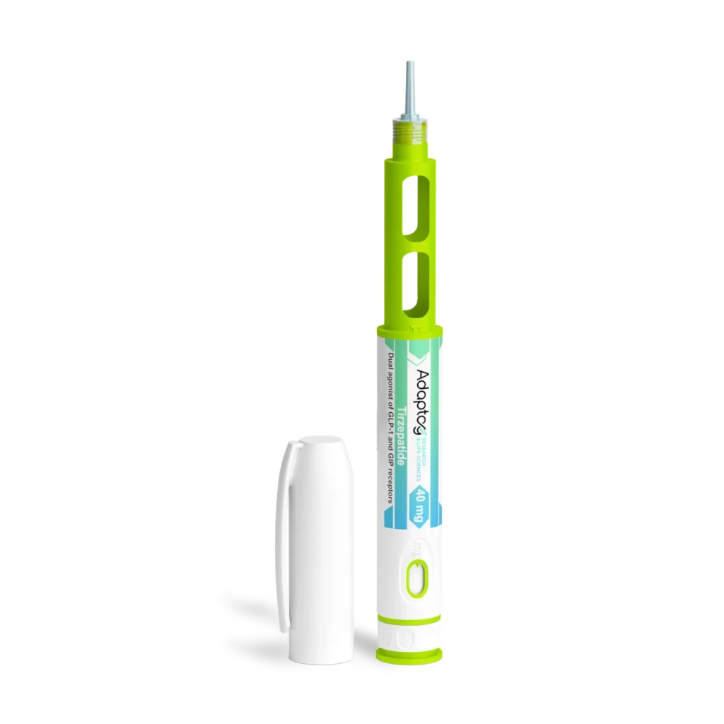 A photograph of an adaptog Tirzepatide pen with its lid off.