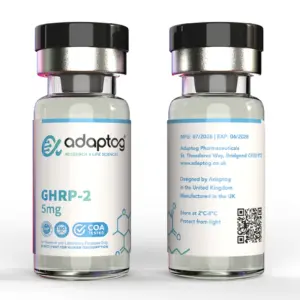 Adaptog GHRP-2 5mg, front and rear vial views