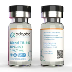 Adaptog TB-500 5mg + BPC-157 5mg blend, front and rear vial views